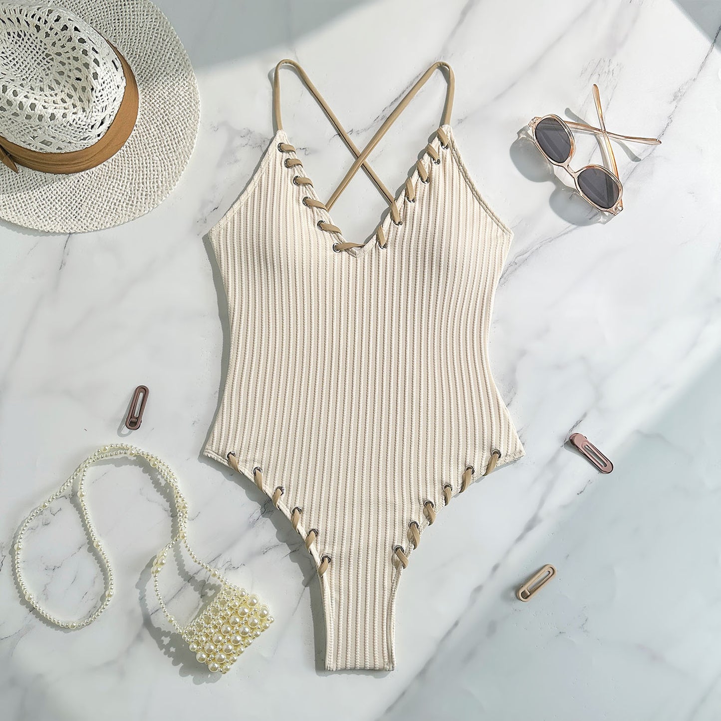 Striped Tie-Back Backless Cutout One-Piece Swimsuit - Sling Boho Vacation Swimwear