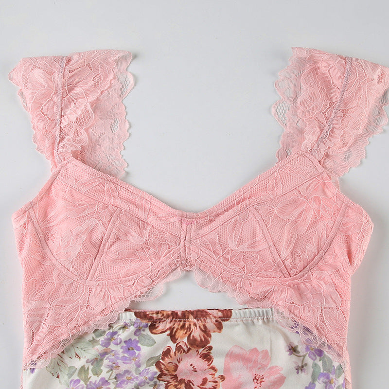 Pink Boho Cutout Maxi Dress - V-Neck Backless Floral Patchwork Vacation Dress