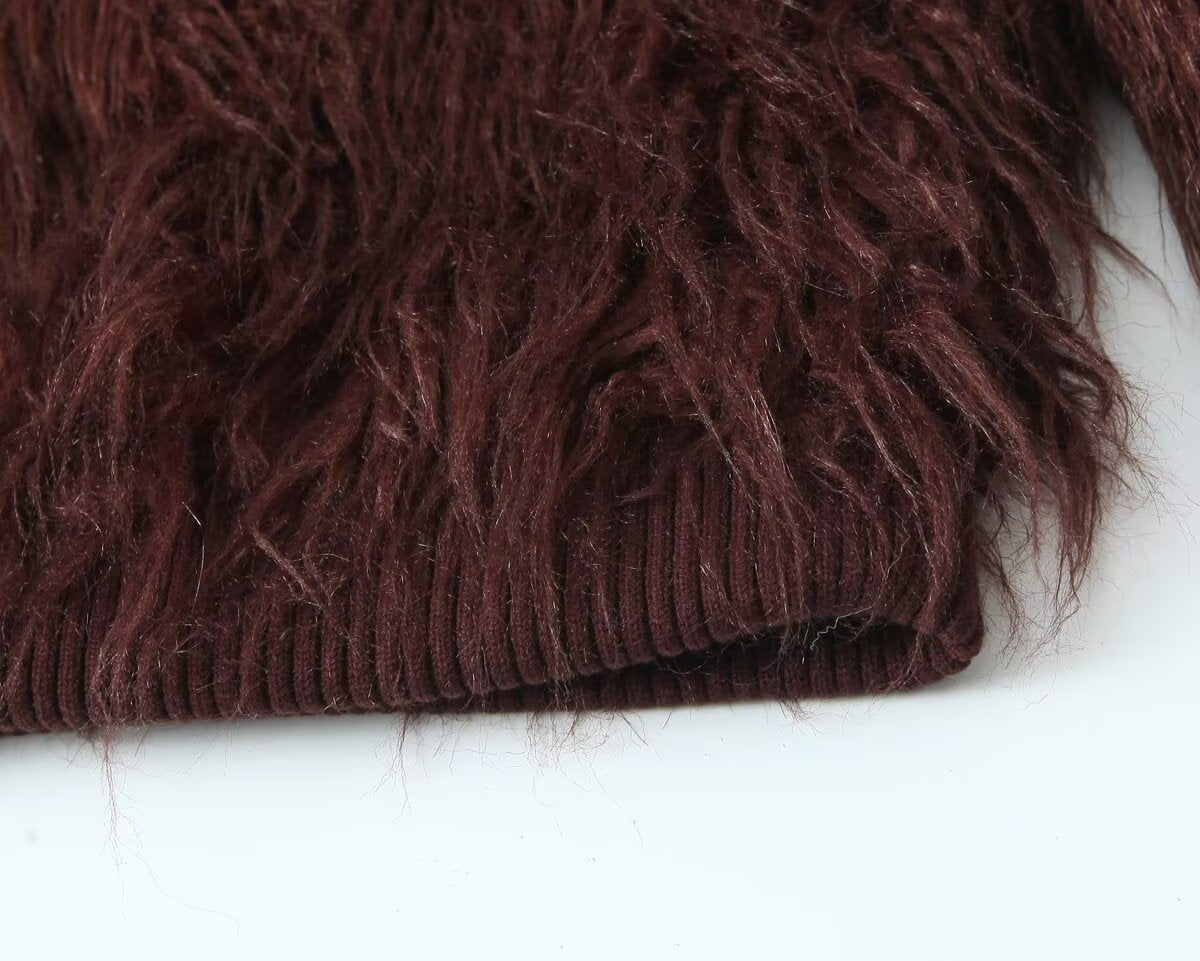 Burgundy Faux Fur Knit Coat: Retro Look Teddy Bear Sweater Jacket