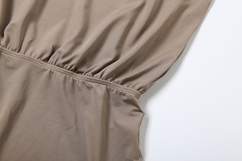 Khaki Backless Jumpsuit - Long Sleeve Ruched Bodycon Romper