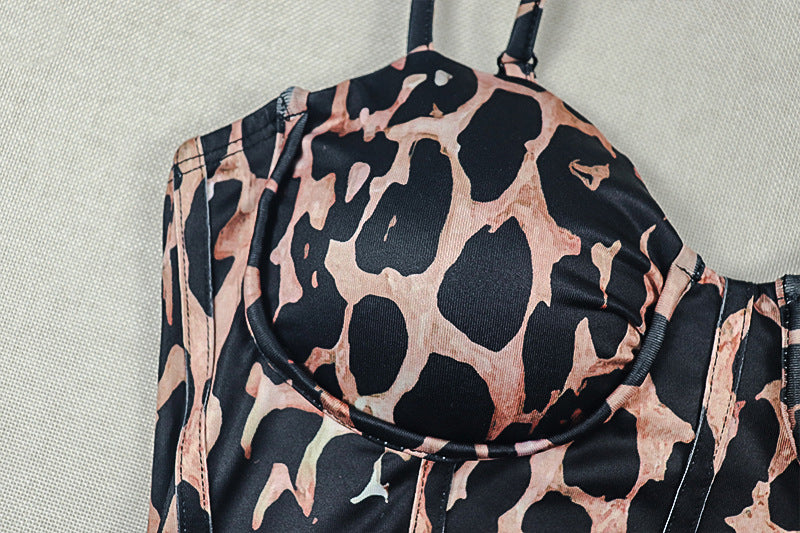 Leopard Print Corset Halter Split Maxi Dress | Backless Ruched Bodycon Formal Dress | Sizes S-L