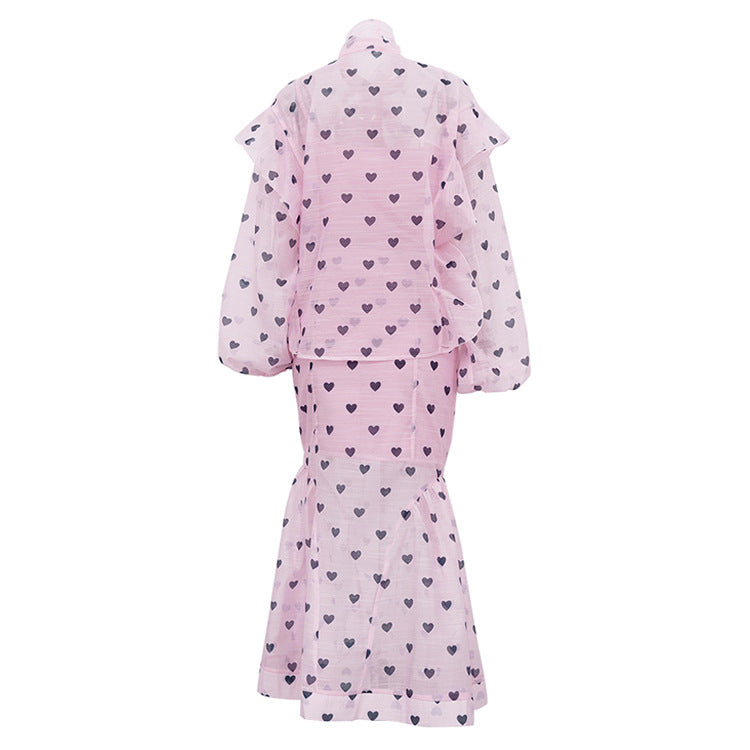 Women’s Three Piece Skirt Set – Elegant Heart Print Top and Maxi Skirt