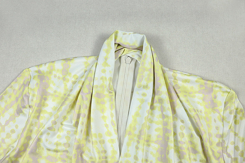 Women’s Yellow & White Printed Pleated Jumpsuit – Slim Fit V-Neck Long Sleeve, Full Length