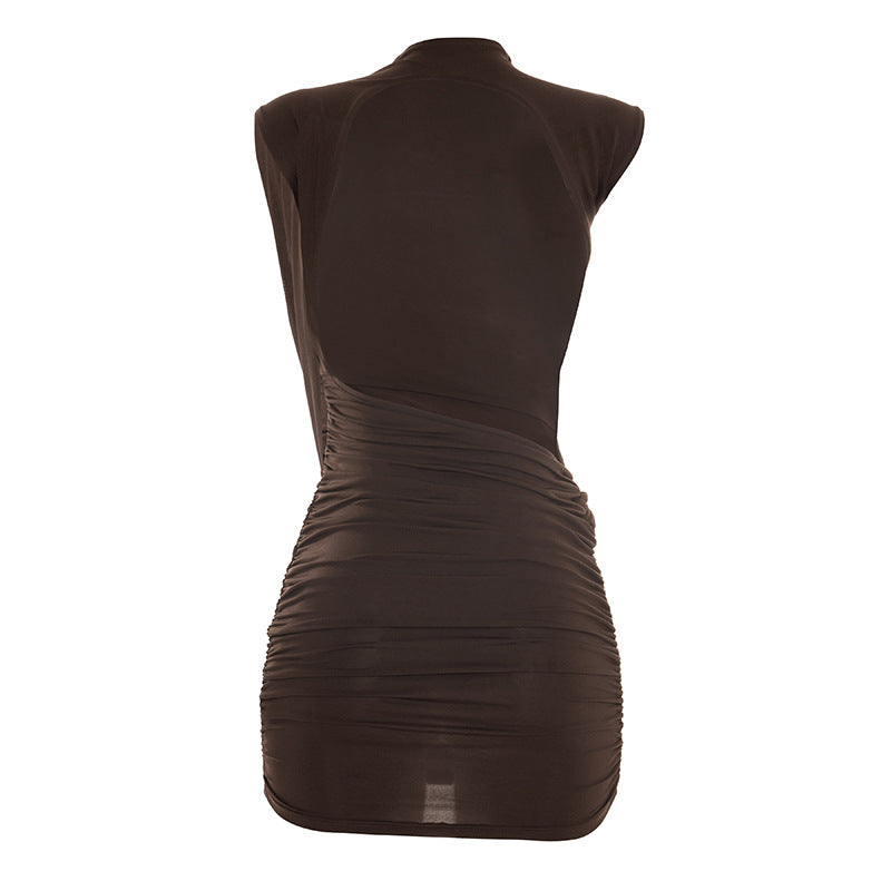 Backless Ruched Bodycon Dress - Asymmetric Ribbon Mini Dress