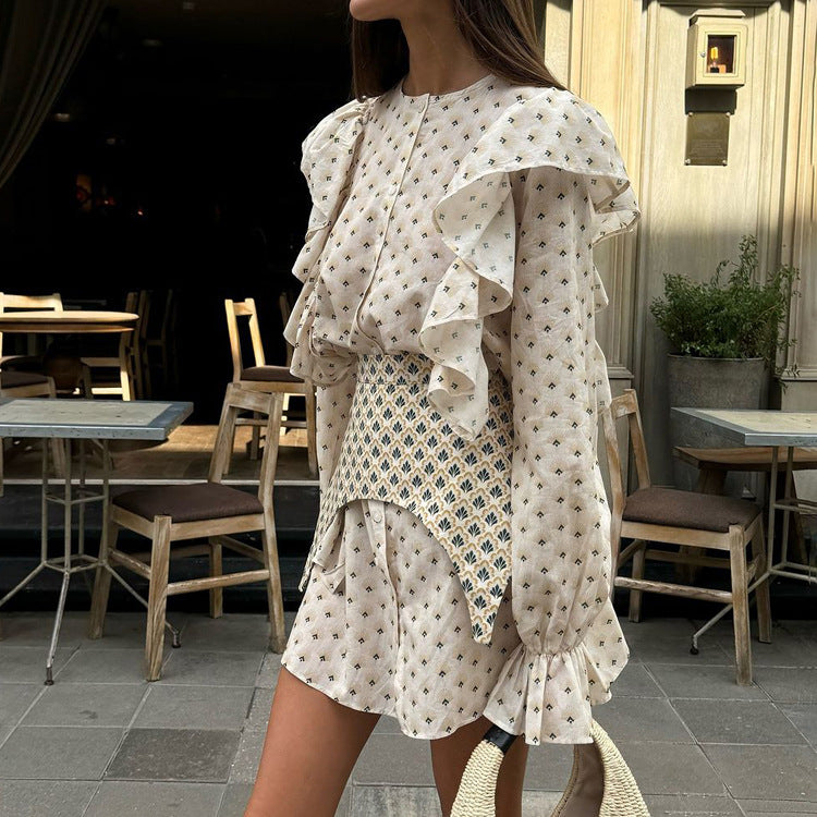 Elegant Printed A-Line Mini Dress - Ruffle Panel Sleeves