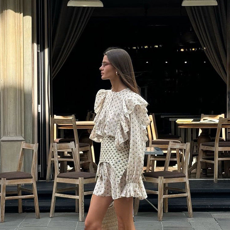 Elegant Printed A-Line Mini Dress - Ruffle Panel Sleeves