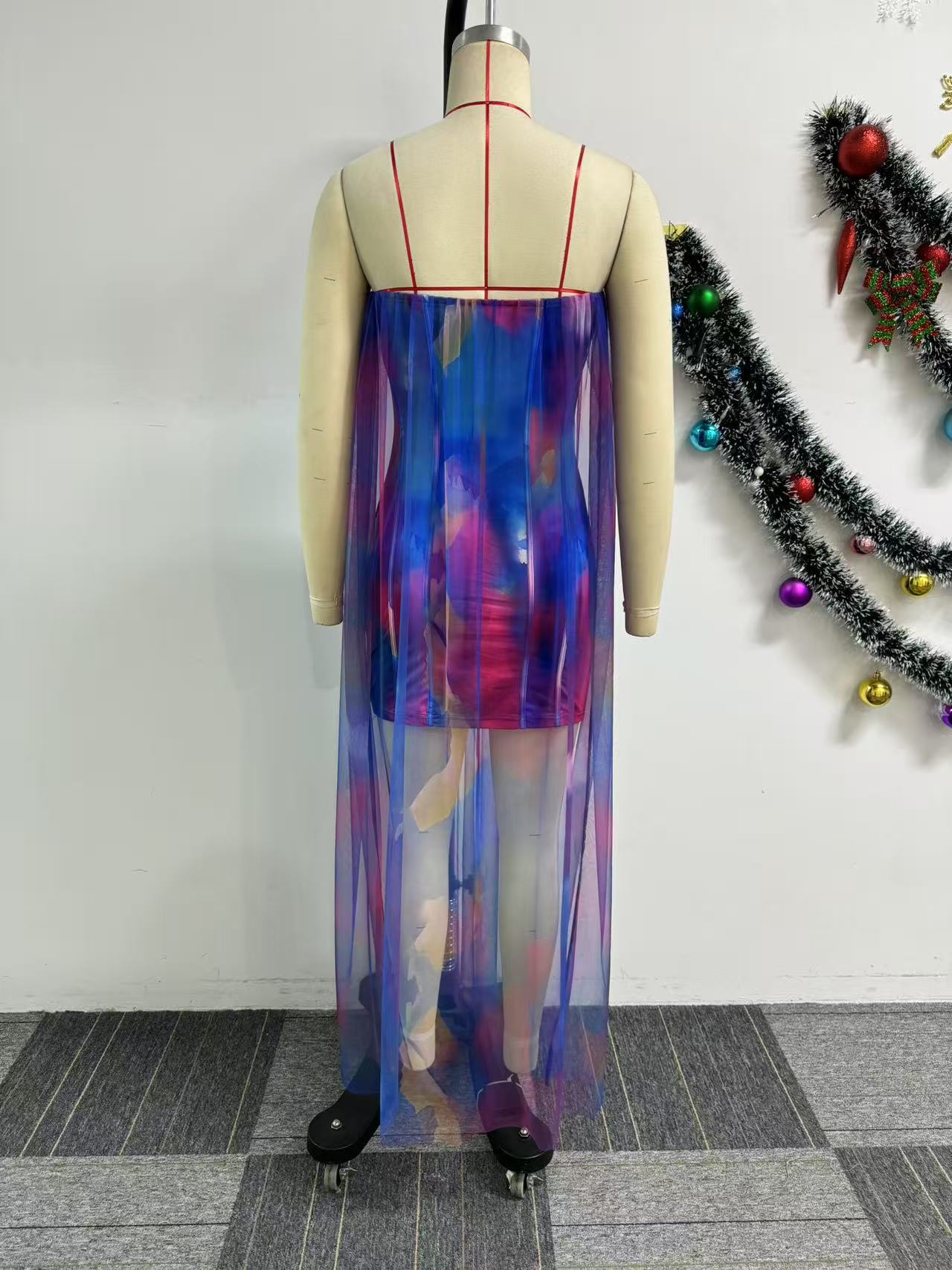 Strapless Mesh Bodycon Maxi Dress – Digital Print & Boning Detail