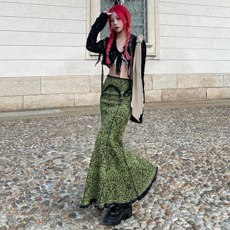 Retro Printed Lace Fishtail Skirt