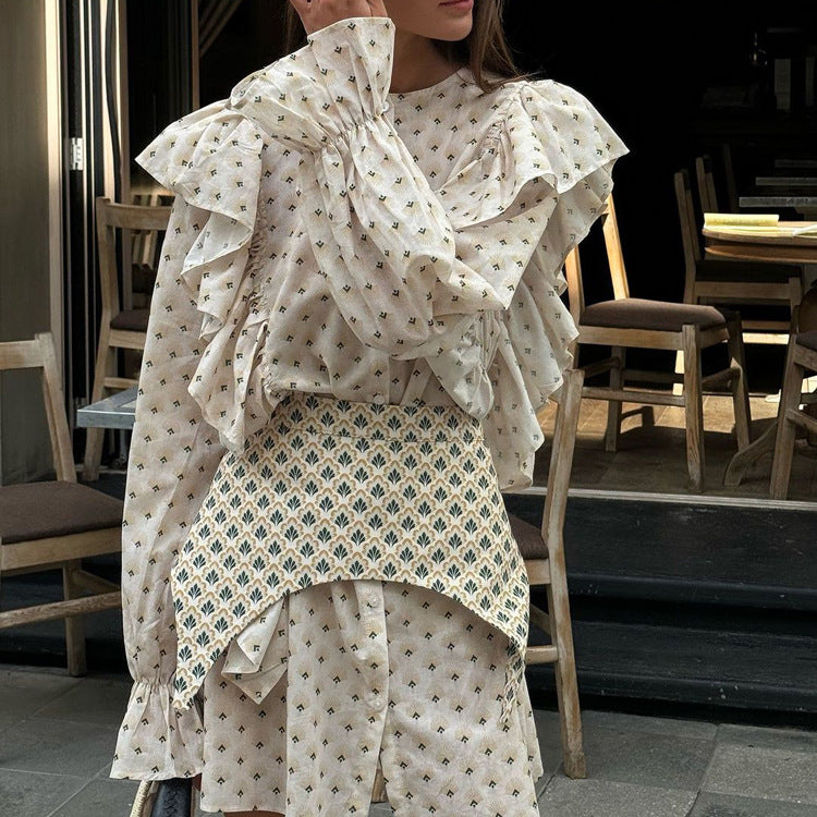 Elegant Printed A-Line Mini Dress - Ruffle Panel Sleeves