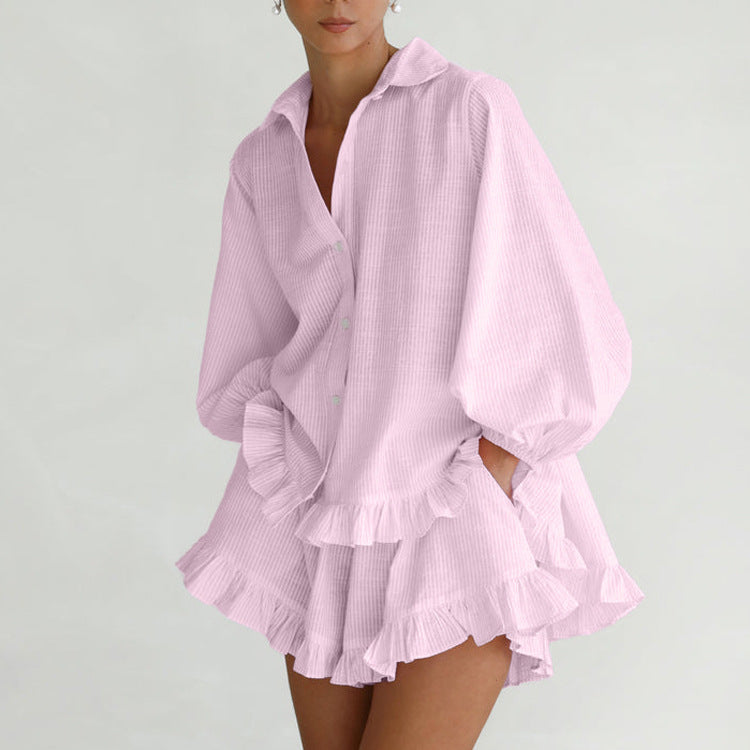 Elegant Striped Shirt & Shorts Set - Collared Puff Sleeve Outfit