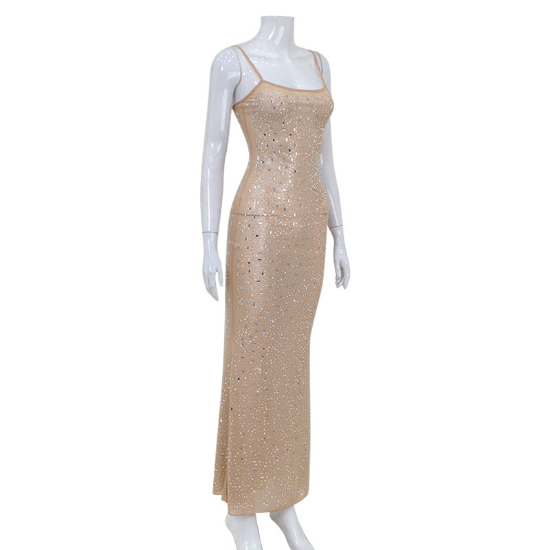 Rhinestone Fishtail Maxi Dress – Sexy Elegant Spaghetti Strap Gown