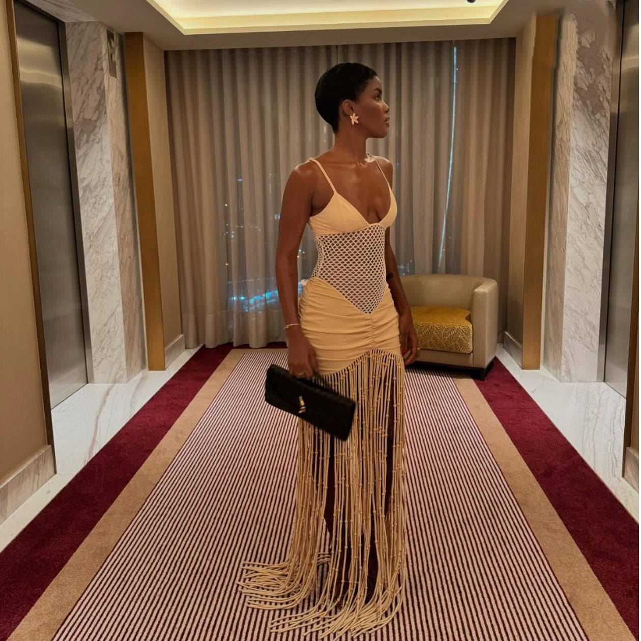 Sexy V-Neck Fringe Bodycon Maxi Dress - Party & Club