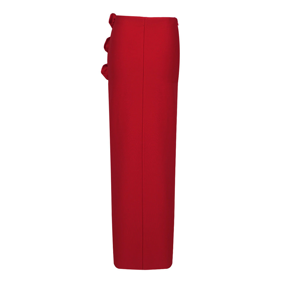 High-Waisted Solid Split Midi Skirt with 3D Flowers