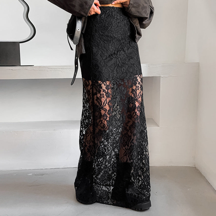 Retro Black Lace See-Through Midi Skirt