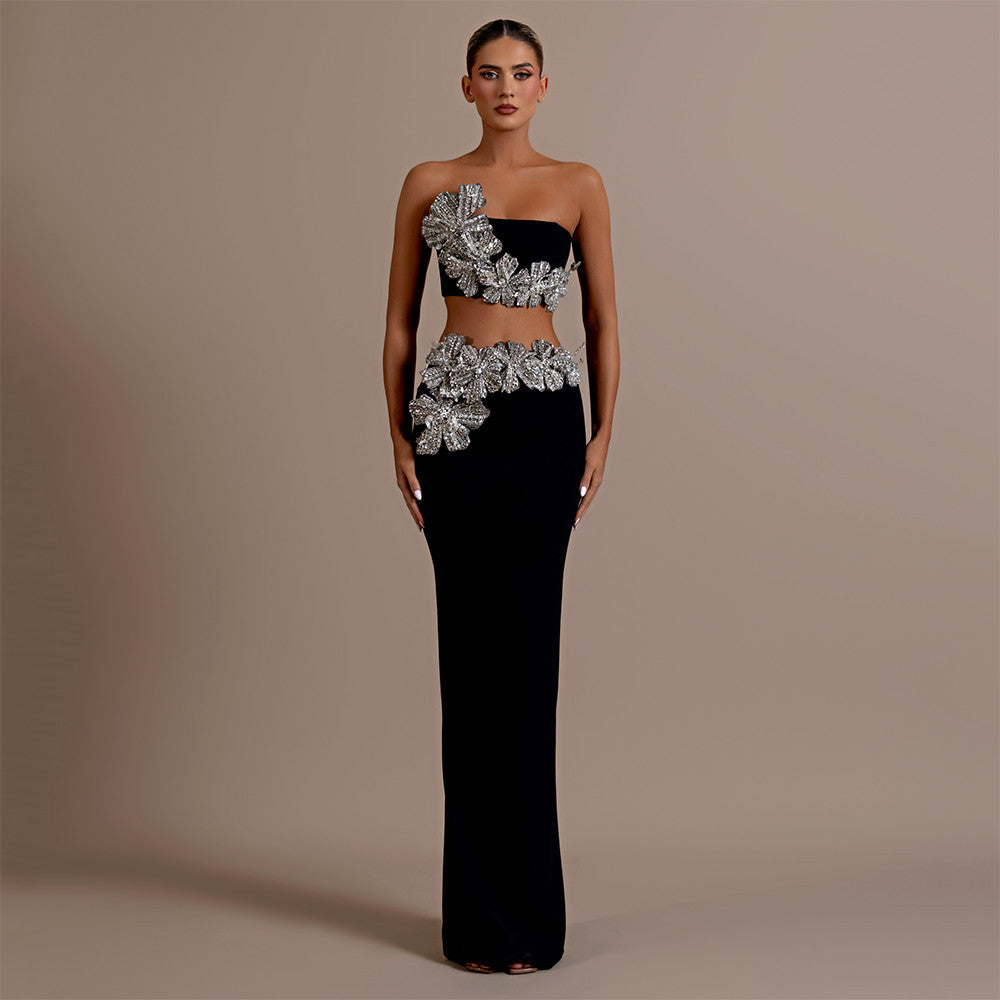 Floral Rhinestone Bandage Two Piece Set: Sexy Tube Top & High-Waist Long Skirt
