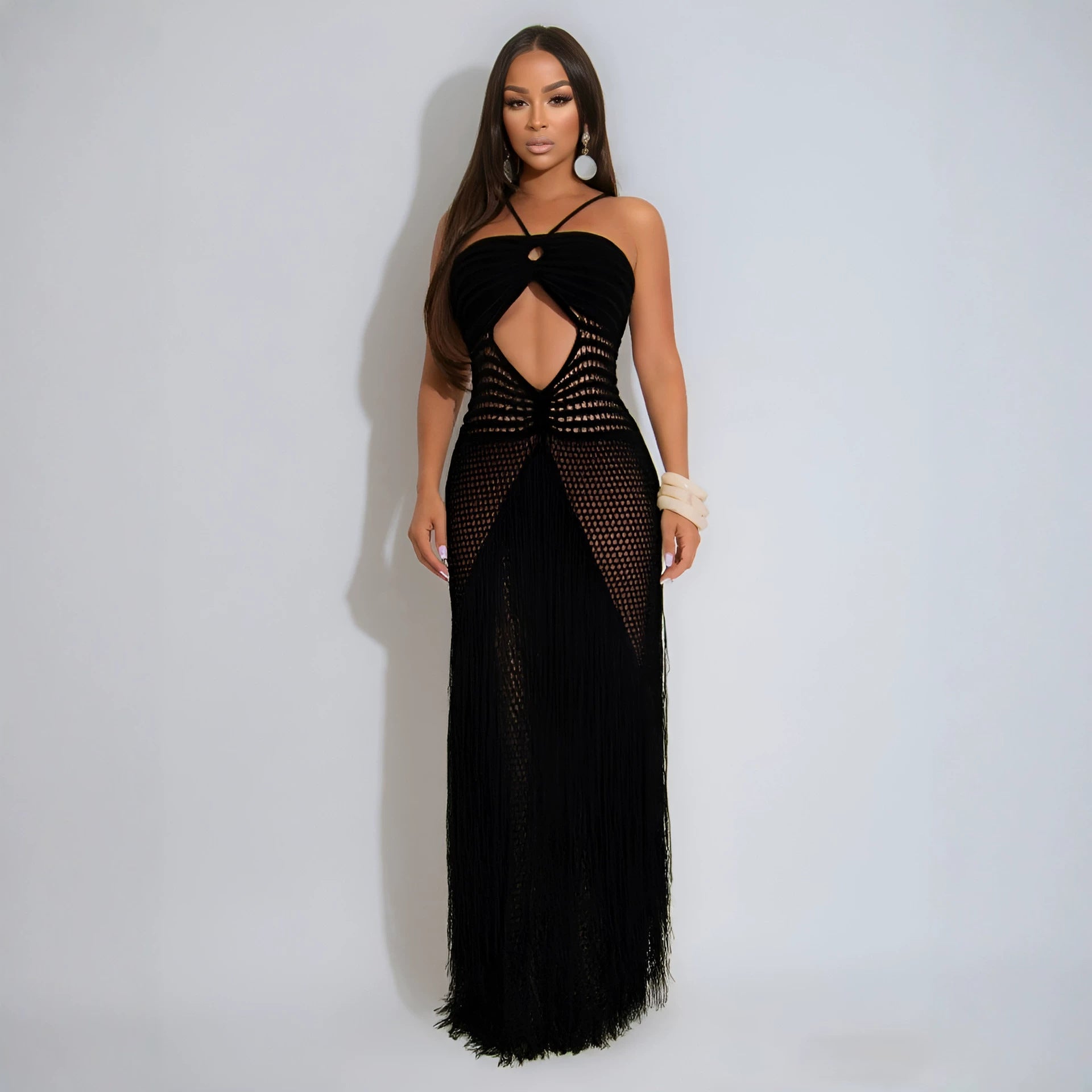 cutout beach dress Knitted Halter Maxi Beach Dress | Cutout Fringe Drawstring Cover-Up
