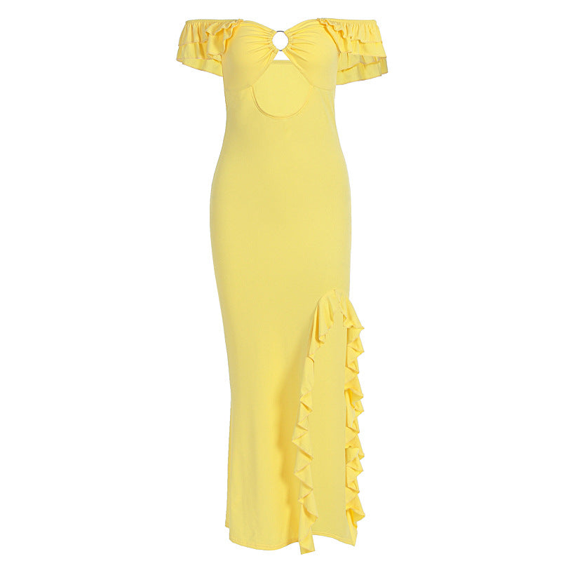Yellow Off Shoulder Cutout Maxi Dress - Ruffle Ring Detail Party Dress
