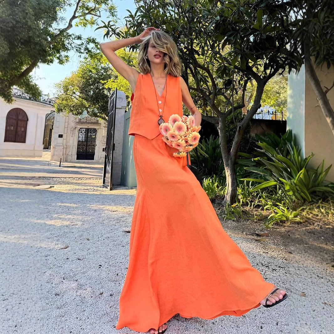 Cotton Linen Vest & Maxi Skirt Set – Casual Summer Swing Style
