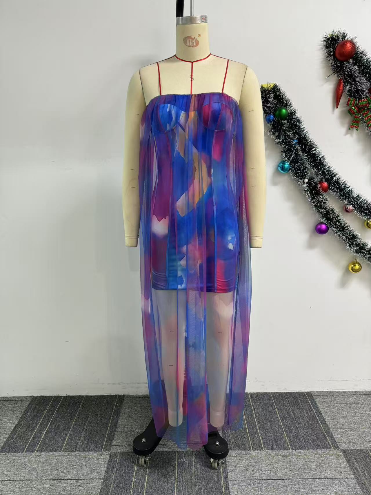 Strapless Mesh Bodycon Maxi Dress – Digital Print & Boning Detail