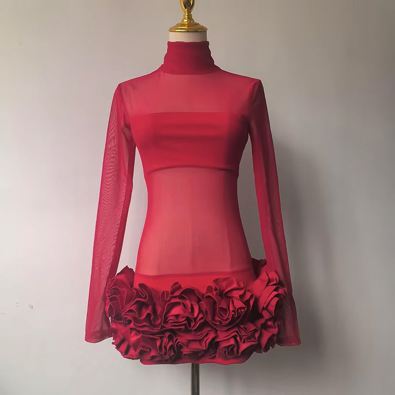 Sexy Mock Neck Bodycon Dress – Mesh Patchwork with 3D Floral Details