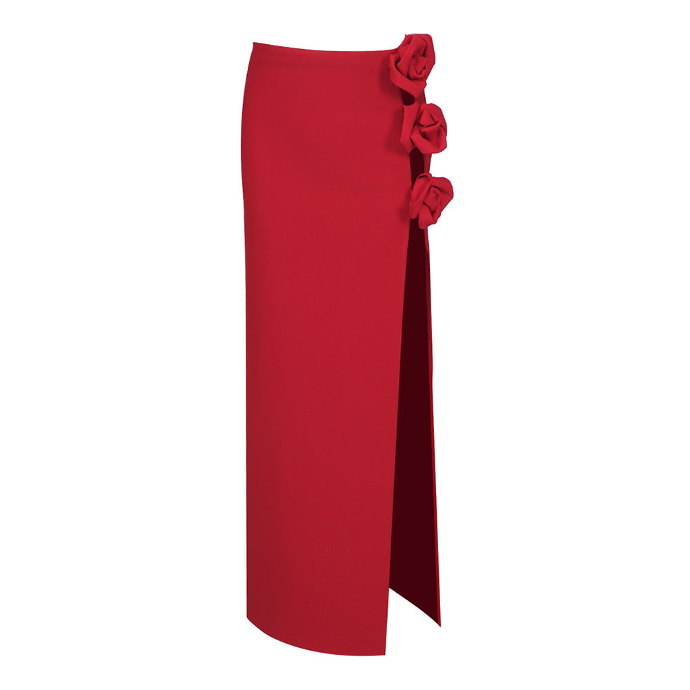 High-Waisted Solid Split Midi Skirt with 3D Flowers