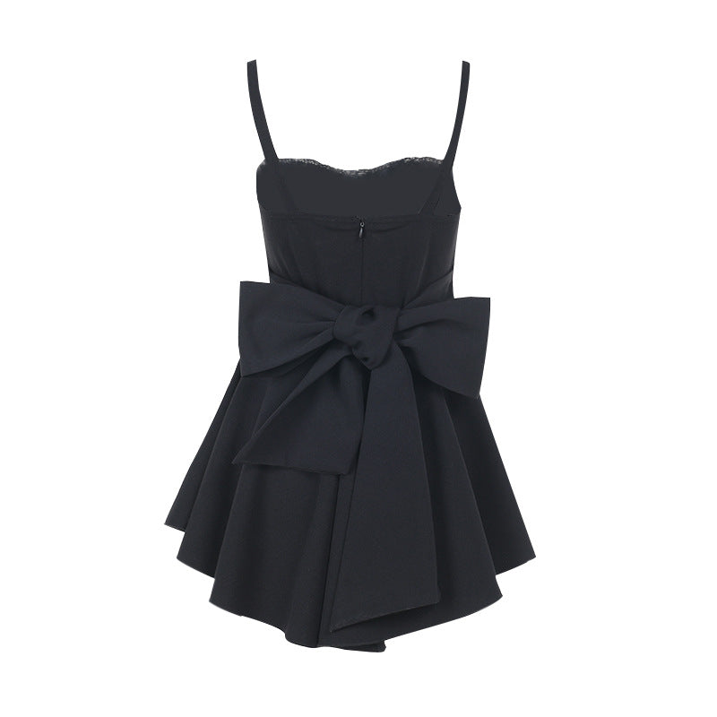 Black Bow Slip Dress - Ruched Spaghetti Strap Bodycon Mini