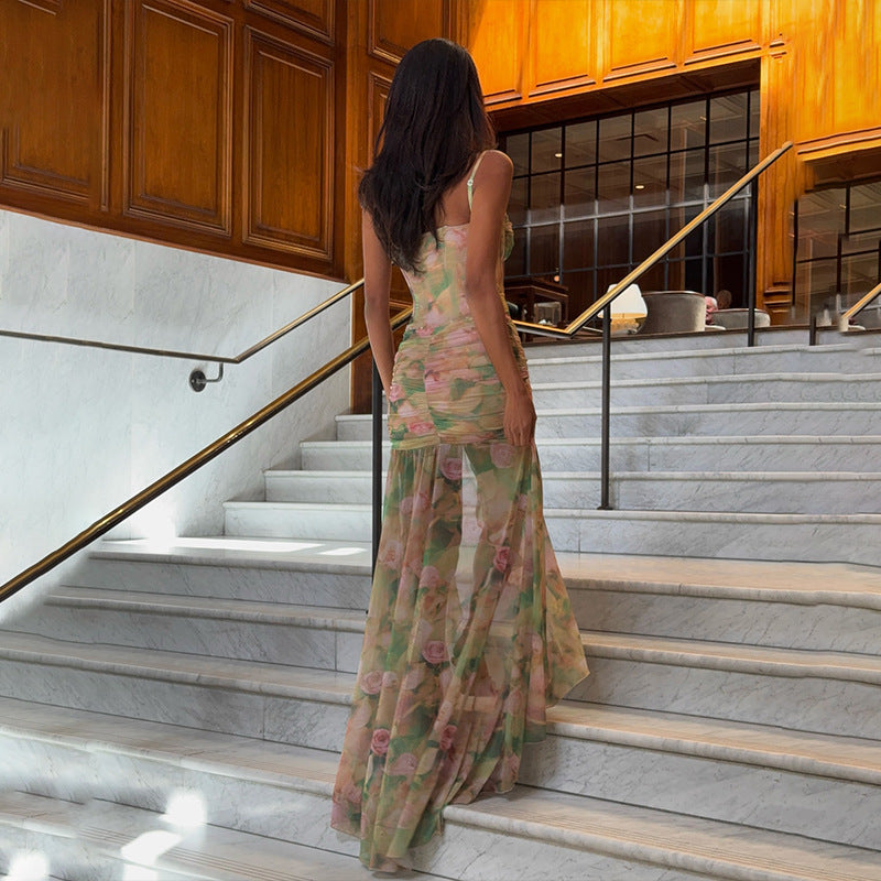 Women’s Floral Halter Maxi Dress – Slim Fit Vacation Dress with High Slit, Ruched Waist, and Boning Detail