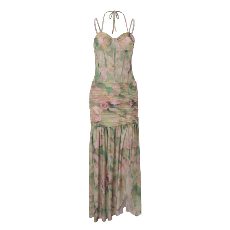 Women’s Floral Halter Maxi Dress – Slim Fit Vacation Dress with High Slit, Ruched Waist, and Boning Detail