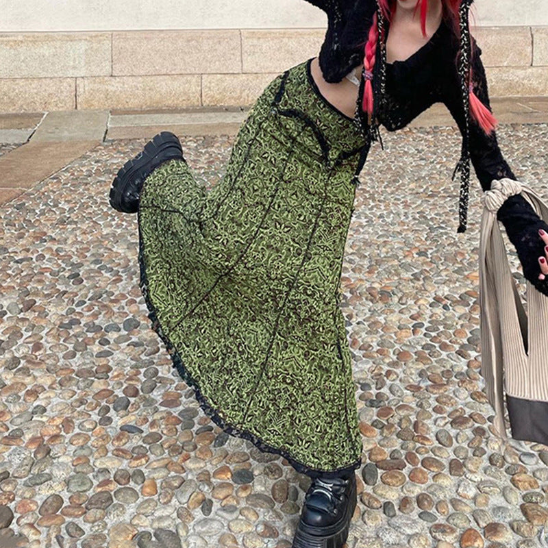 Retro Printed Lace Fishtail Skirt