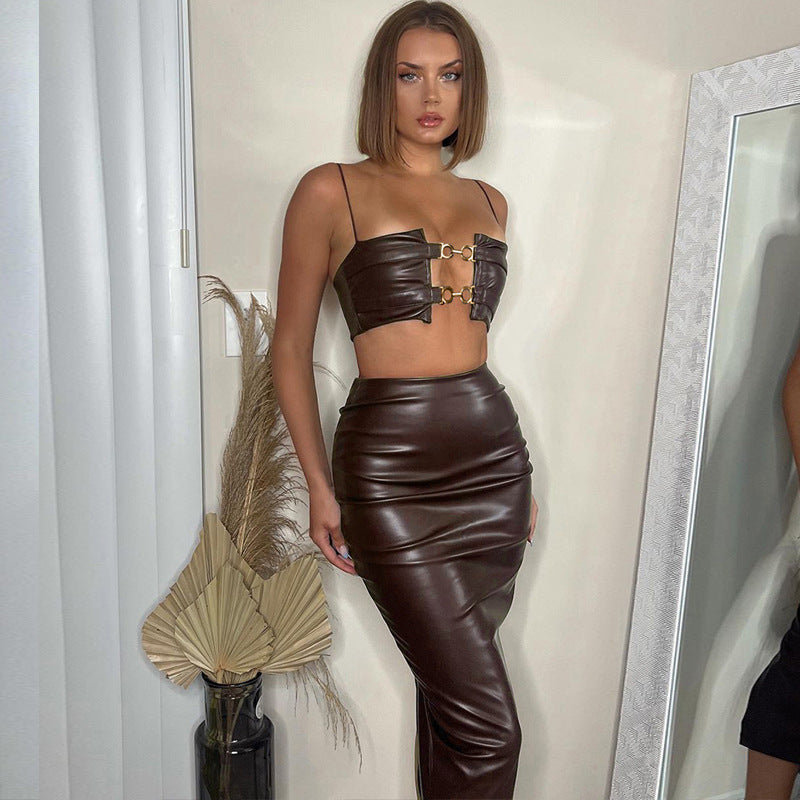 Spaghetti Strap Leather Top & Skirt Set