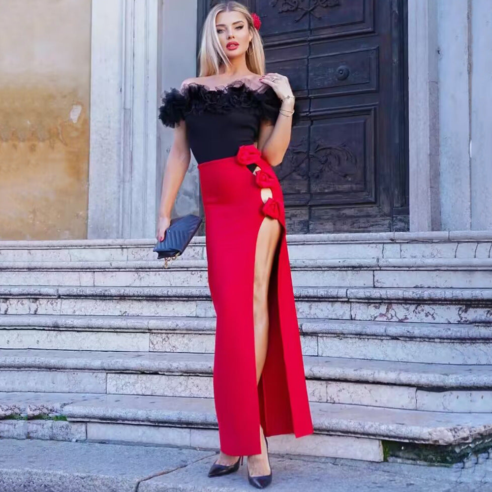 High-Waisted Solid Split Midi Skirt with 3D Flowers