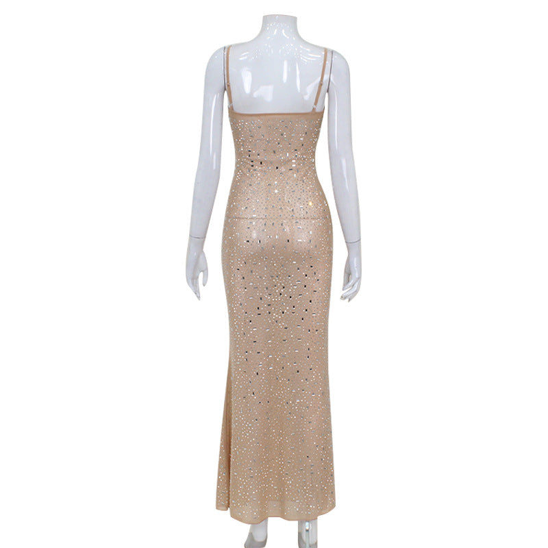 Rhinestone Fishtail Maxi Dress – Sexy Elegant Spaghetti Strap Gown