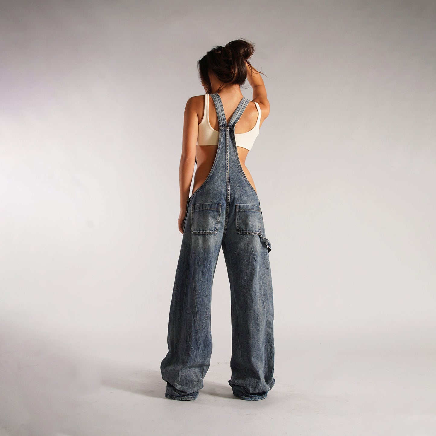 Wide-Leg Denim Overalls – High-Rise Straight Leg Jeans with Straps