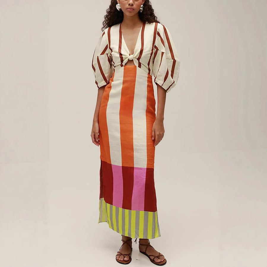Summer Sexy Maxi Dress - Printed V-Neck with Split & Twisted Details