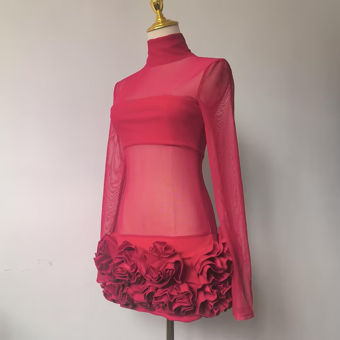 Sexy Mock Neck Bodycon Dress – Mesh Patchwork with 3D Floral Details
