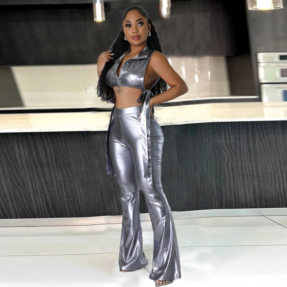 Hollow Out & Flare Patent Leather Set