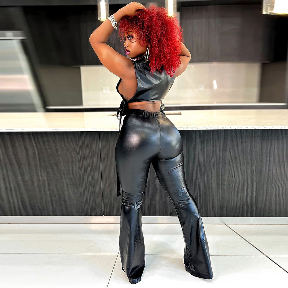 Hollow Out & Flare Patent Leather Set