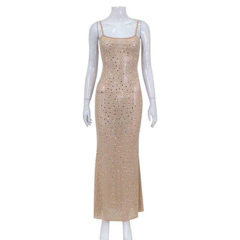 Rhinestone Fishtail Maxi Dress – Sexy Elegant Spaghetti Strap Gown