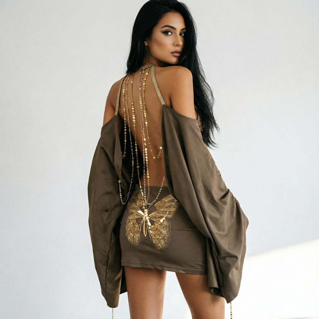 Brown Off-Shoulder Batwing Mini Dress | Backless Asymmetric Cutout | London's Closet London's Closet Boutique Brown Off-Shoulder Batwing Mini Dress | Backless Asymmetric Cutout | London's Closet London's Closet Boutique