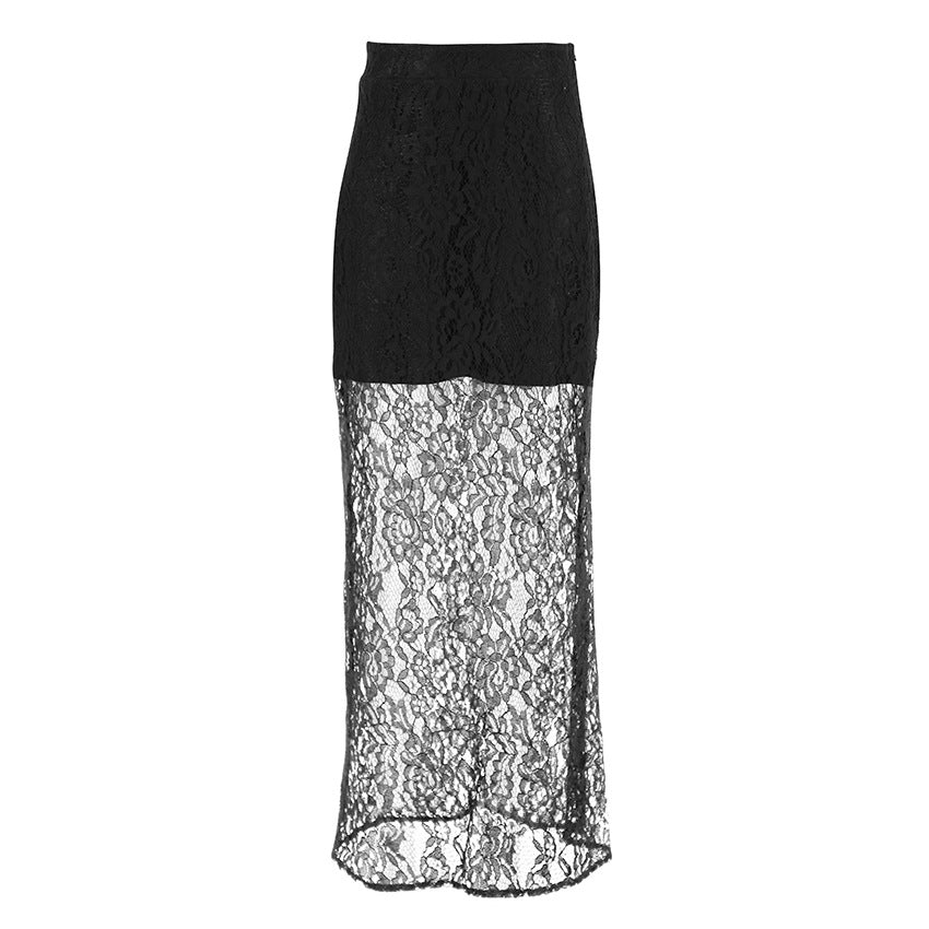 Retro Black Lace See-Through Midi Skirt