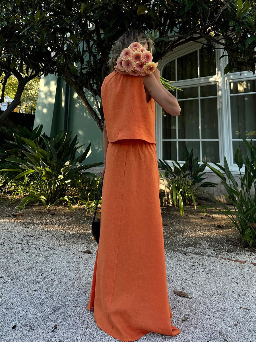 Cotton Linen Vest & Maxi Skirt Set – Casual Summer Swing Style