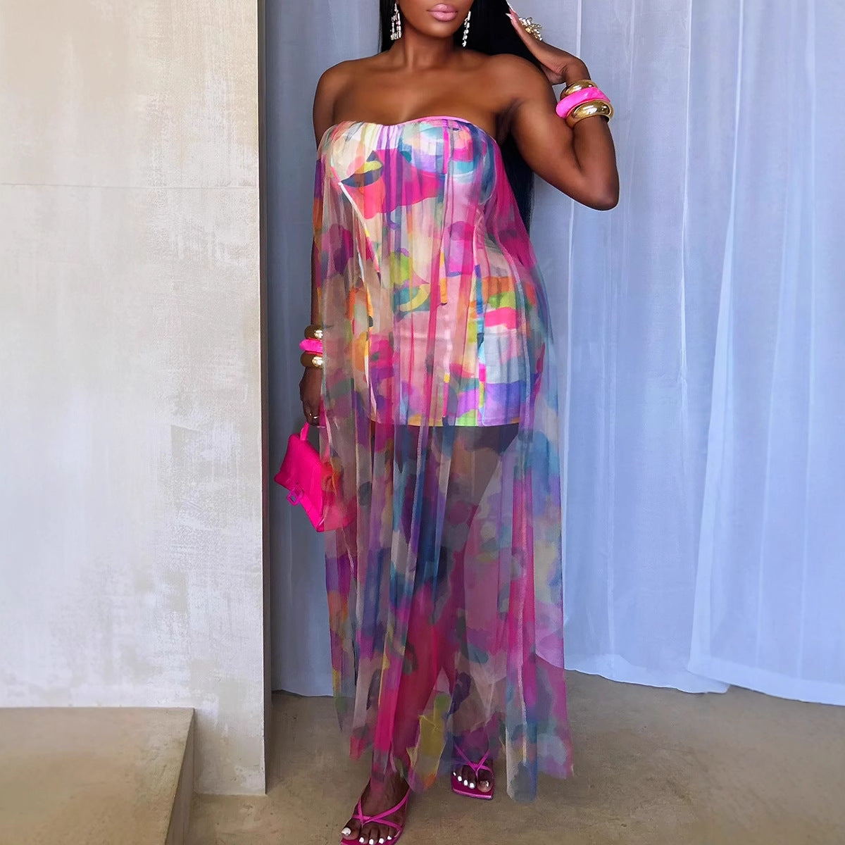 Strapless Mesh Bodycon Maxi Dress – Digital Print & Boning Detail