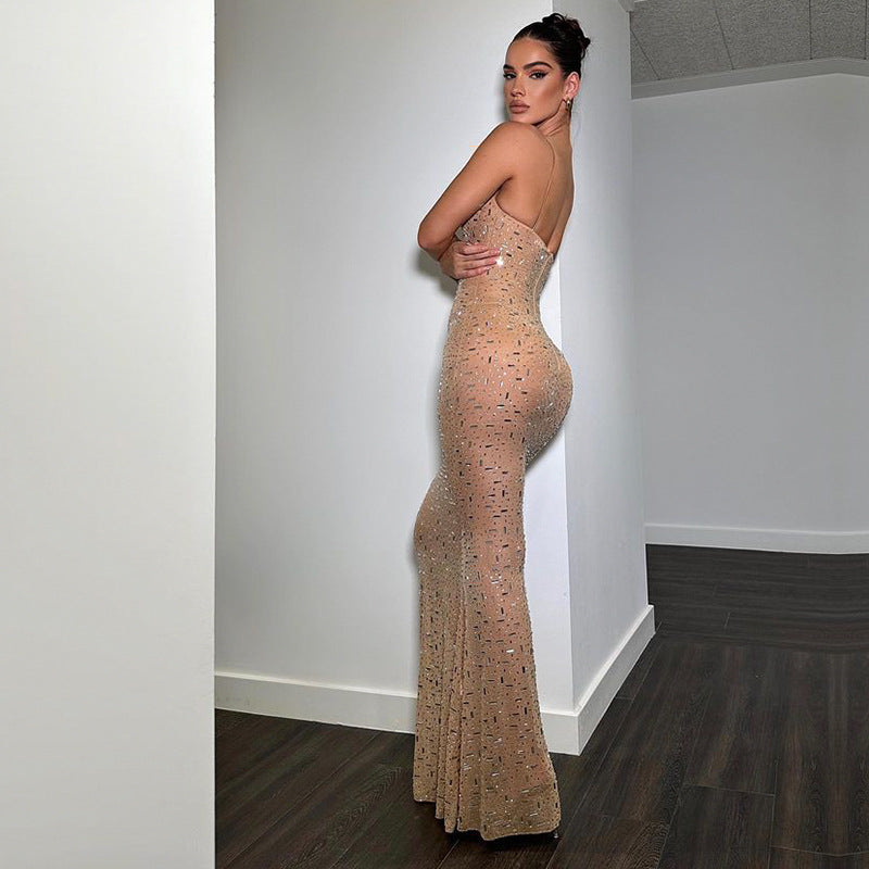 Rhinestone Fishtail Maxi Dress – Sexy Elegant Spaghetti Strap Gown
