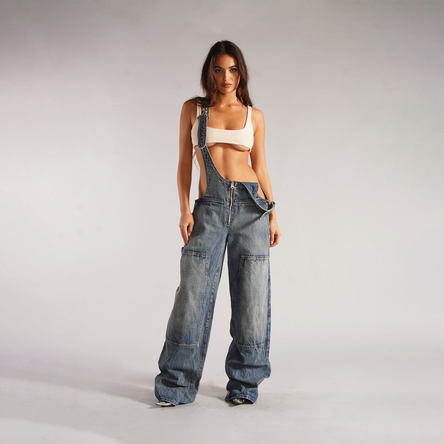 Wide-Leg Denim Overalls – High-Rise Straight Leg Jeans with Straps