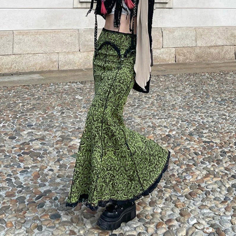 Retro Printed Lace Fishtail Skirt