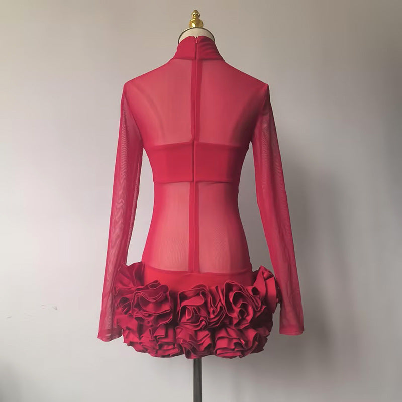 Sexy Mock Neck Bodycon Dress – Mesh Patchwork with 3D Floral Details