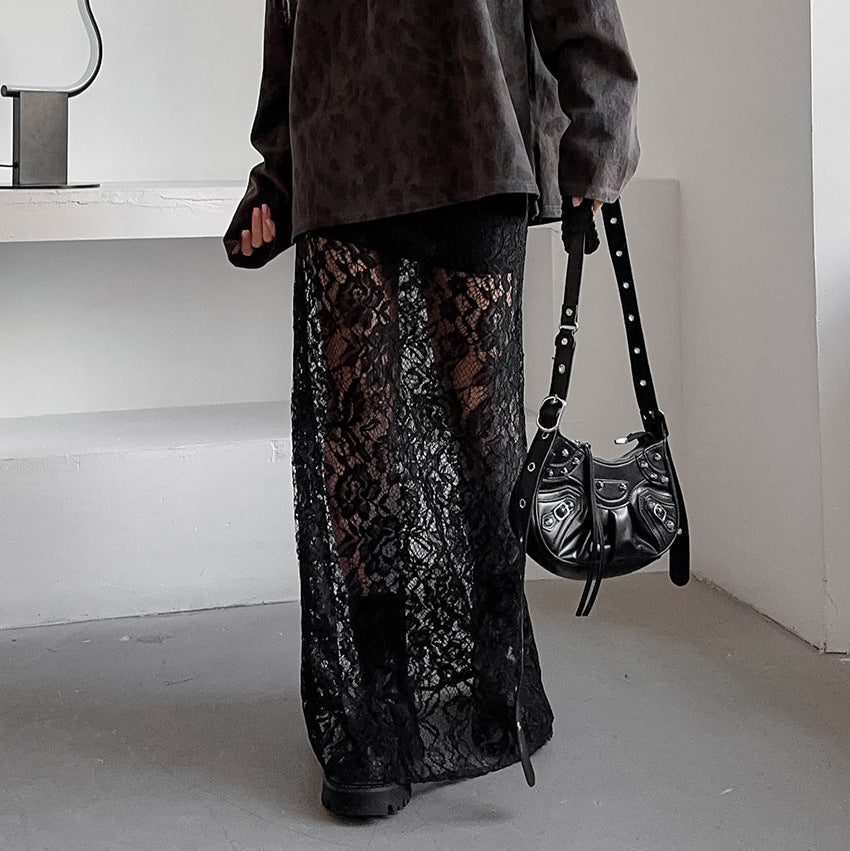 Retro Black Lace See-Through Midi Skirt