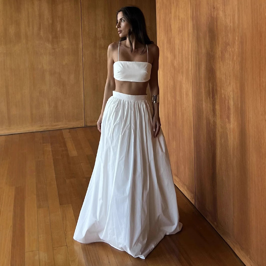 Cotton Two-Piece Set – Spaghetti Strap Crop Top & High-Rise Maxi Skirt