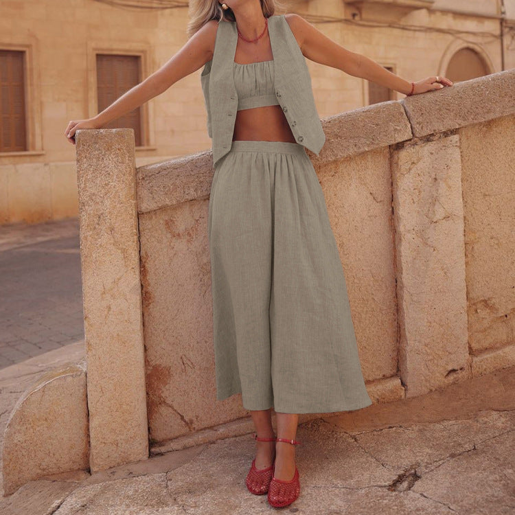 Cotton Ruched Vest & Maxi Skirt Set