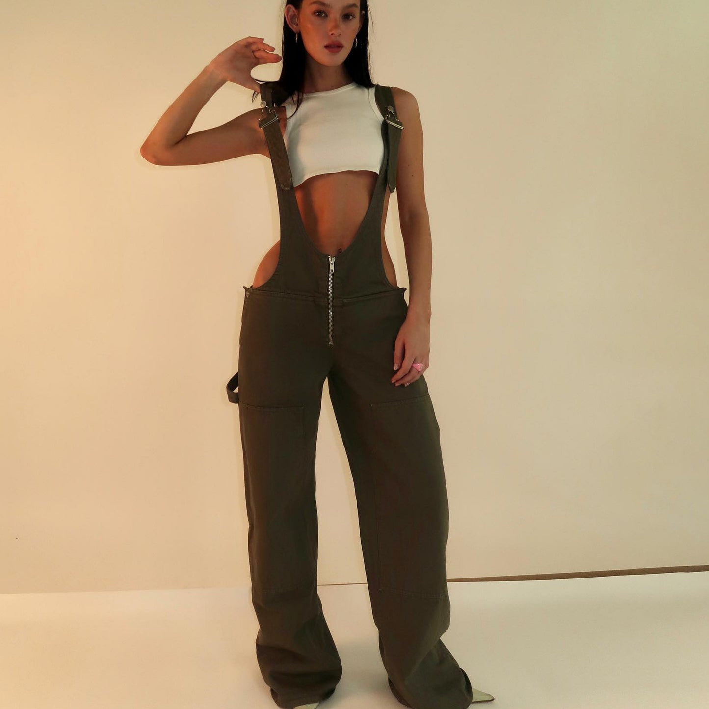 Wide-Leg Denim Overalls – High-Rise Straight Leg Jeans with Straps